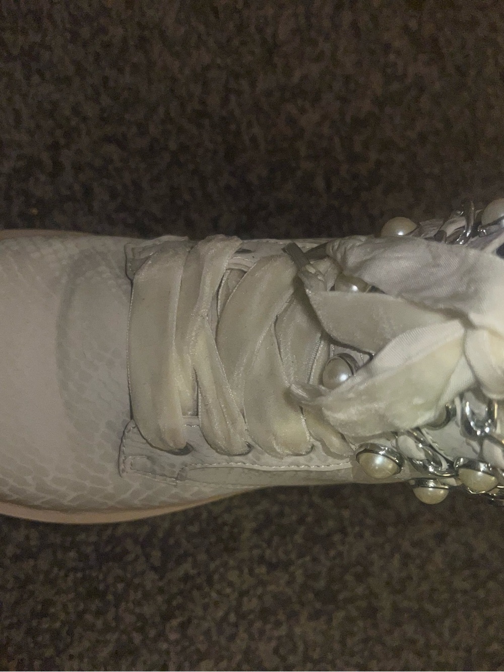 Women’s Cream Lace-Up Sneaker with Pearl & Chain Accent